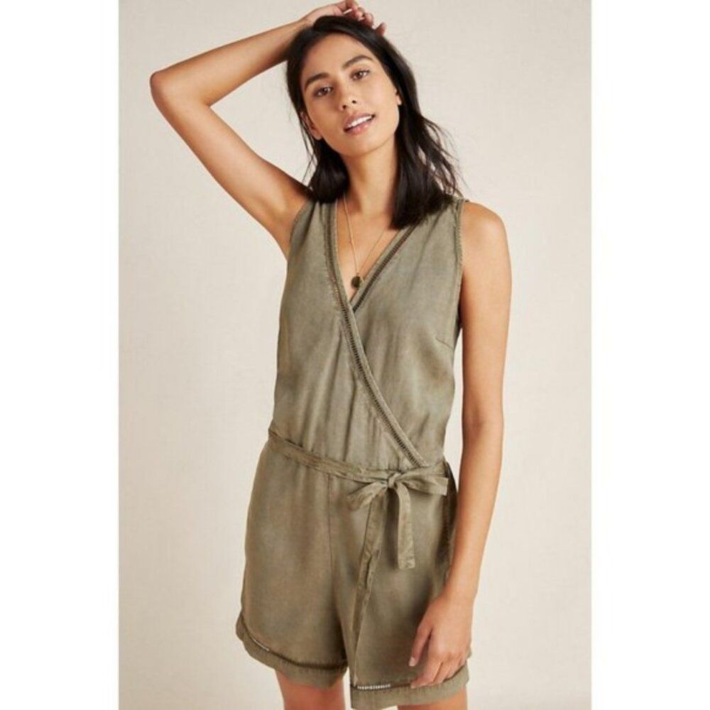 Anthropologie Cloth & Stone Burlingame Romper XS | Olive Green Tencel Tie Waist